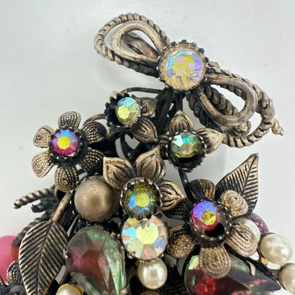 Vintage gold tone pink green AB rhinestones art glass faux pearls brooch
